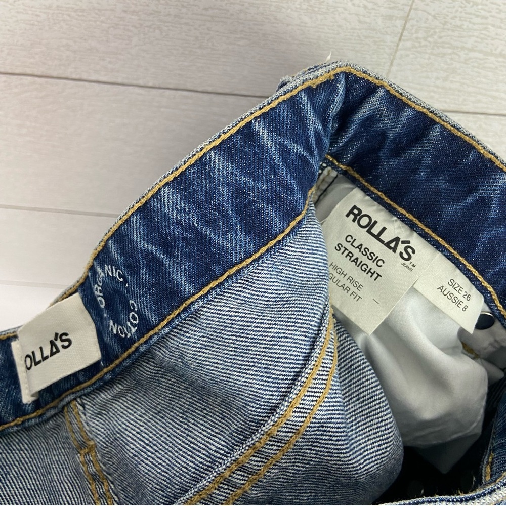 Rollas Classic Straight High Rise Regular 26 Denim Jean Ripped Knee Button Fly - Picture 3 of 4